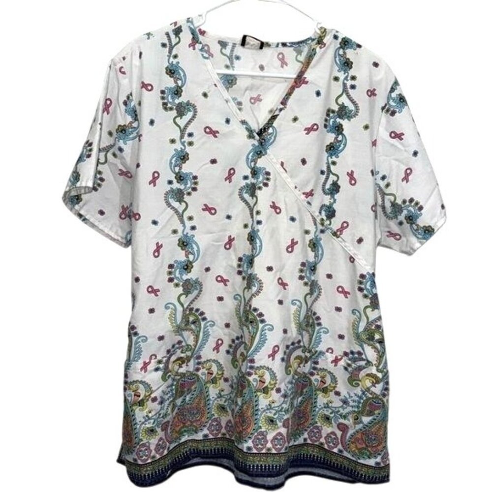 Denice Womens Paisley & Ribbon Print Short Sleeve Tunic Top Size XL